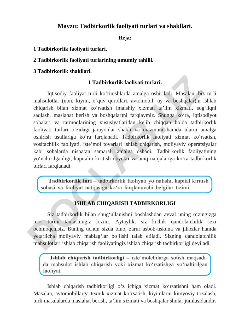 Tadbirkorlik faoliyati turlari va shakllari