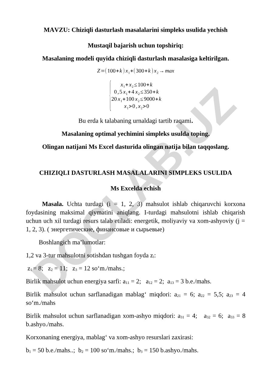 Chiziqli dasturlash masalalarini simpleks usulida yechish