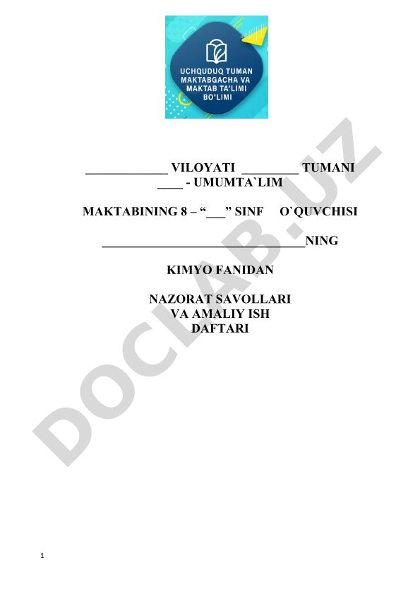 Kimyo fanidan nazorat savollari va amaliy ish daftari
