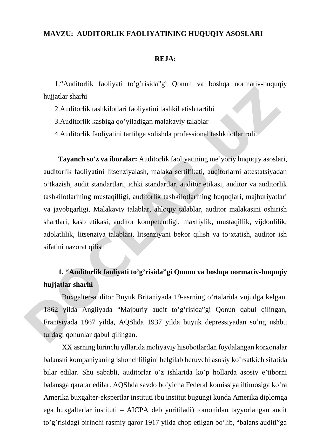 Auditorlik faoliyatining huquqiy asoslari