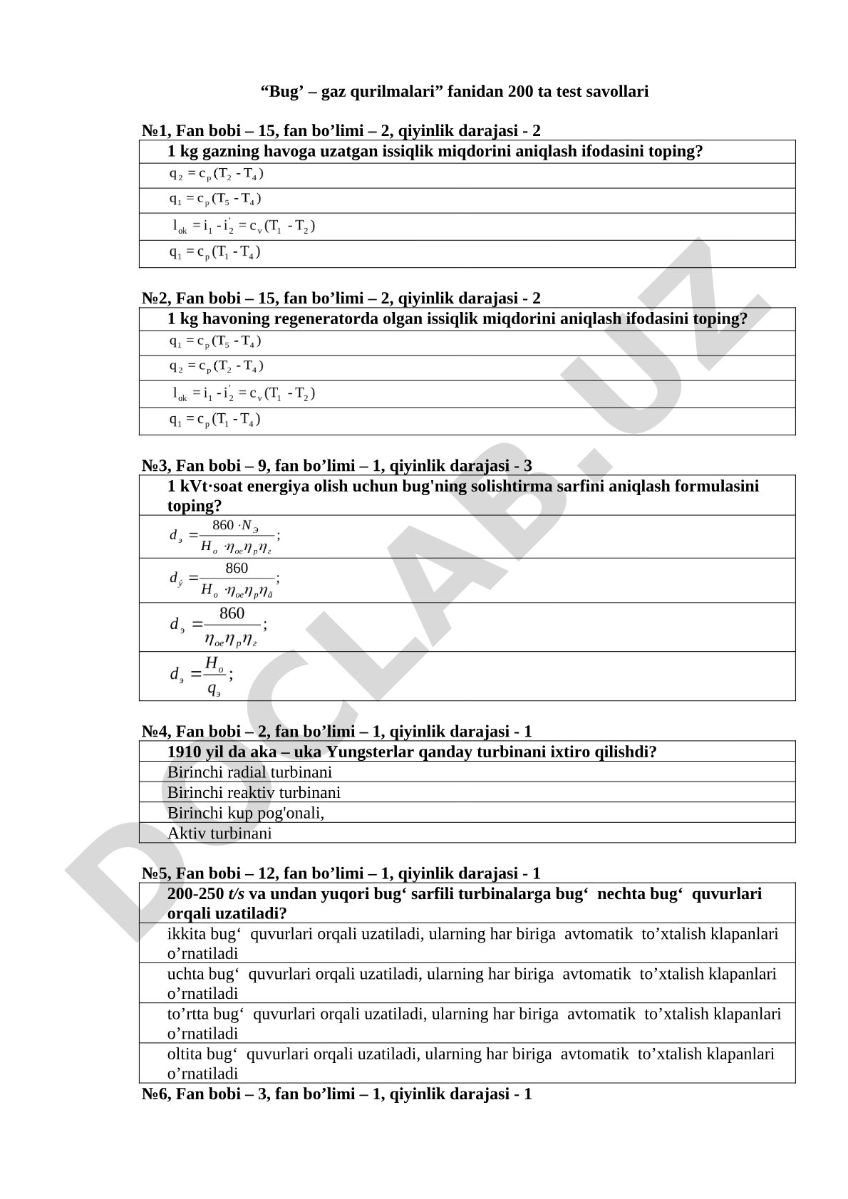 Bug' – gaz qurilmalari fanidan test savollari