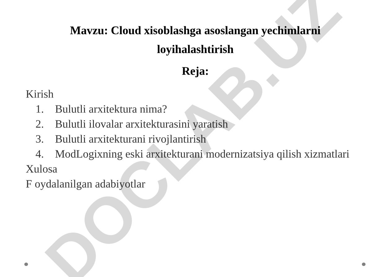 Cloud xisoblashga asoslangan yechimlarni loyihalashtirish