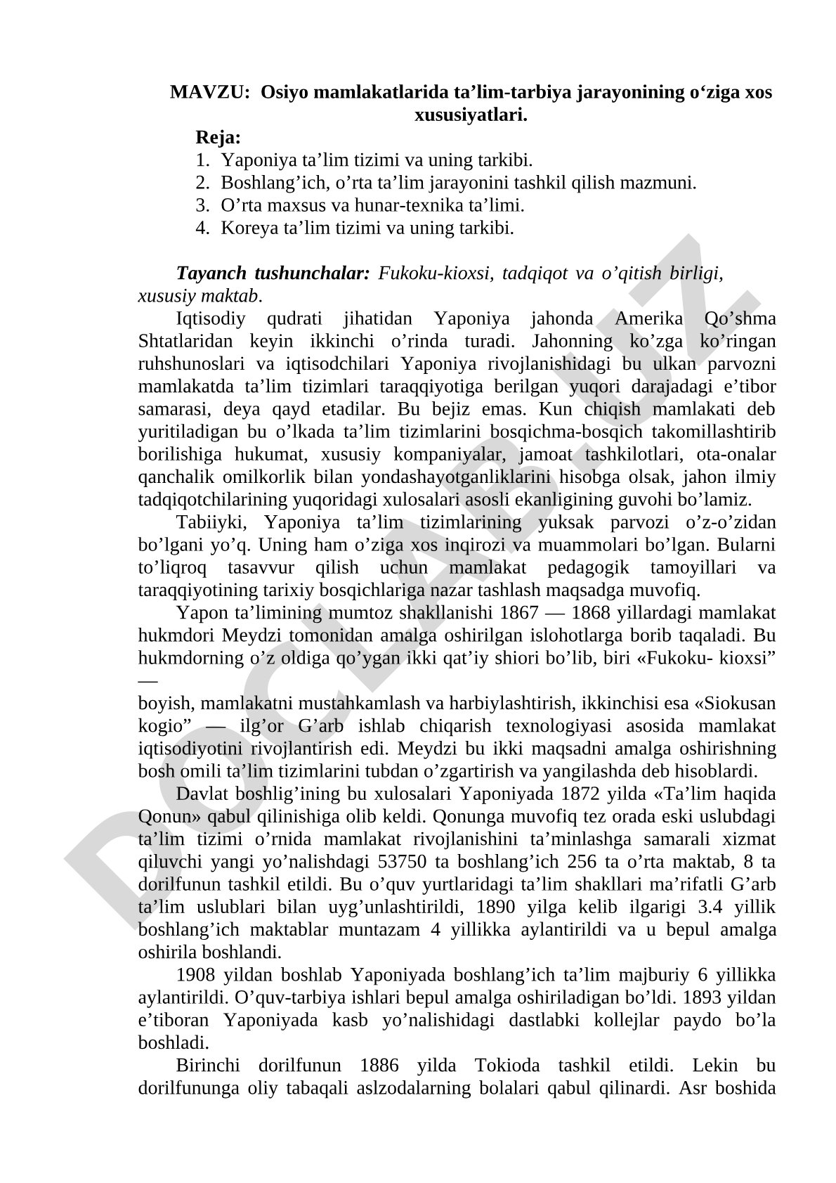 Osiyo mamlakatlarida ta’lim-tarbiya jarayonining o‘ziga xos xususiyatlari