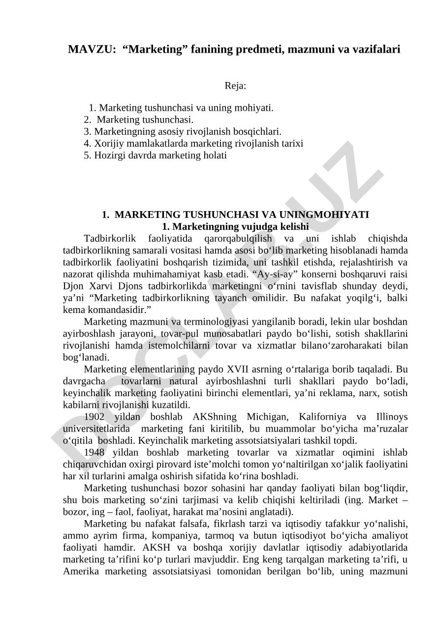 Marketing fanining predmeti, mazmuni va vazifalari