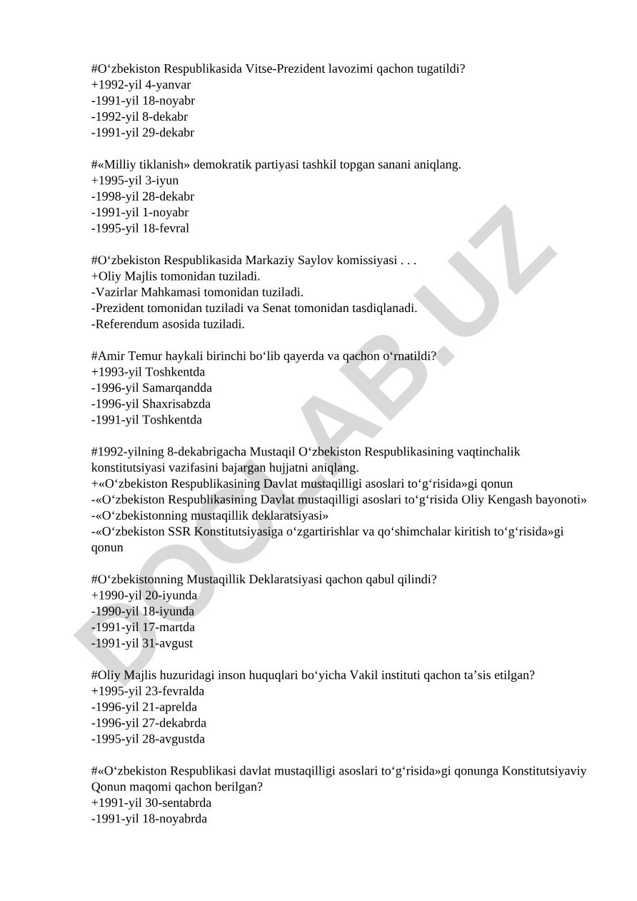 O'zbekiston tarixi va davlat tuzilishi bo'yicha test savollari