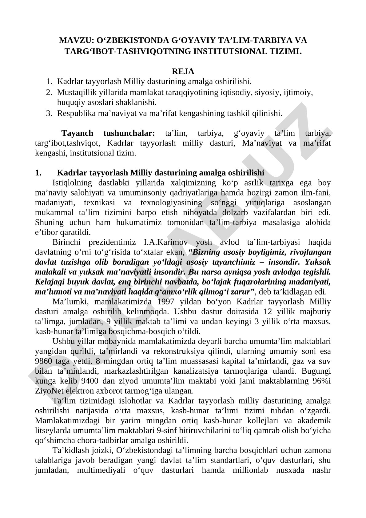 O‘zbekistonda g‘oyaviy ta’lim-tarbiya va targ‘ibot-tashviqotning institutsional tizimi
