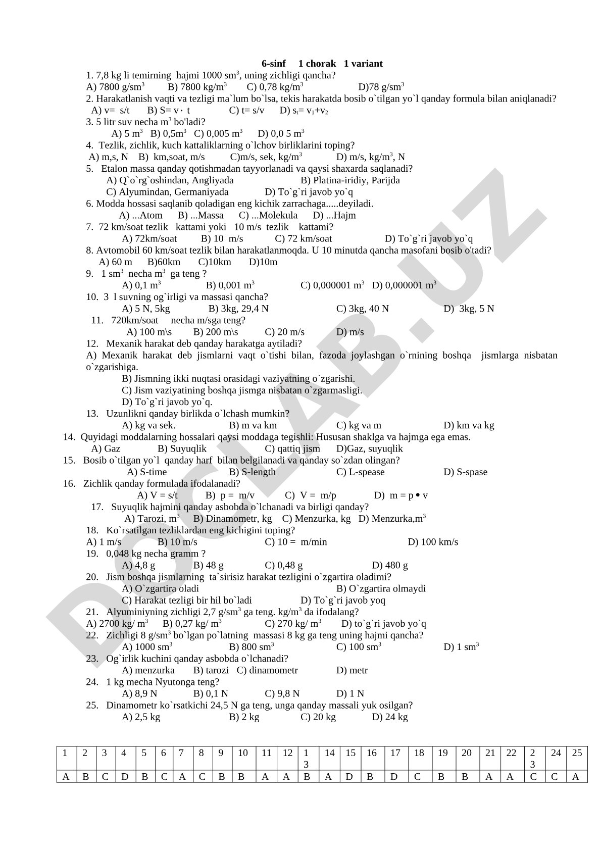 6-sinf fizika fanidan test savollari