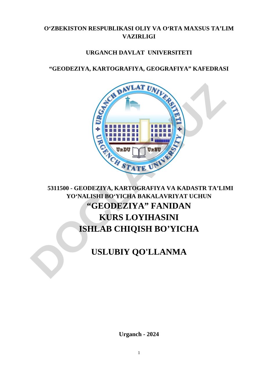 Geodeziya fani bo'yicha kurs loyihasini ishlab chiqish bo'yicha uslubiy qo'llanma