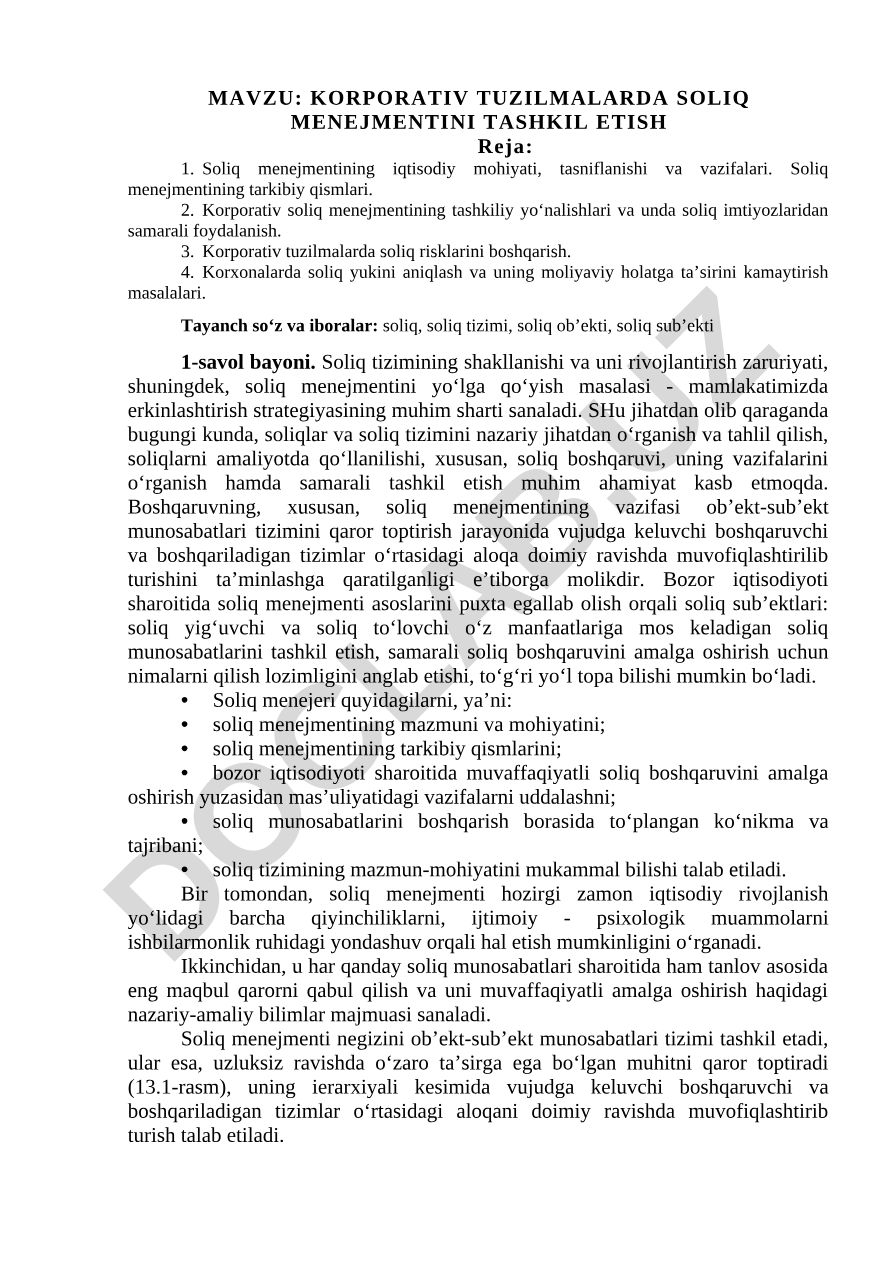 KORPORATIV TUZILMALARDA SOLIQ MENEJMENTINI TASHKIL ETISH