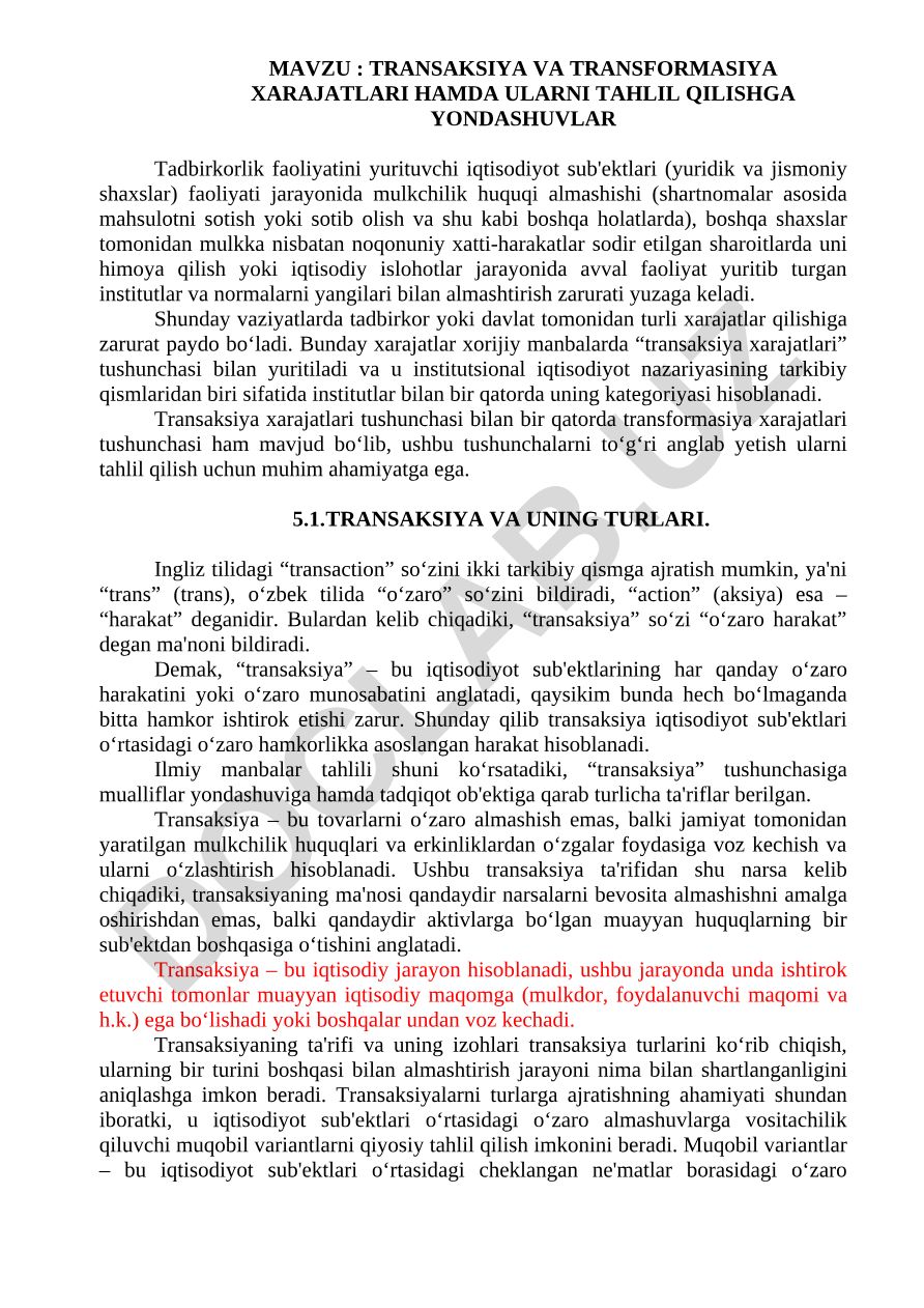 Transaksiya va transformasiya xarajatlari hamda ularni tahlil qilishga yondashuvlar