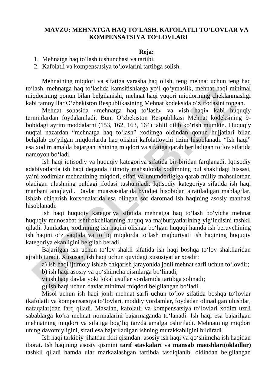 MEHNATGA HAQ TO‘LASH. KAFOLATLI TO‘LOVLAR VA KOMPENSATSIYA TO‘LOVLARI