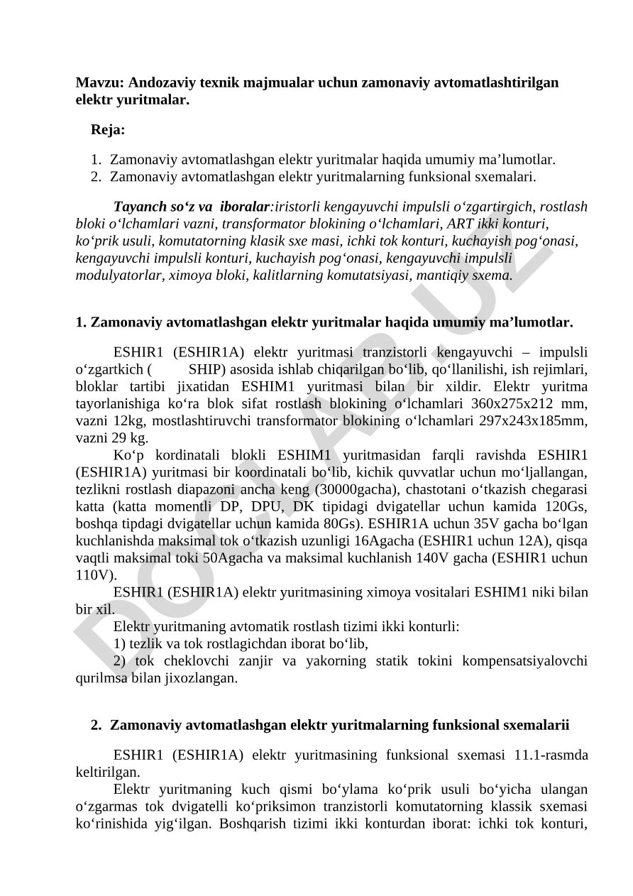 Andozaviy texnik majmualar uchun zamonaviy avtomatlashtirilgan elektr yuritmalar