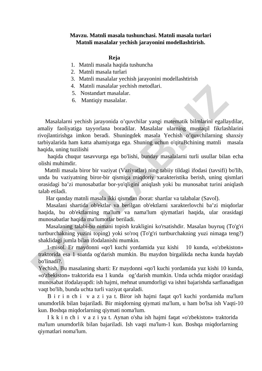 Matnli masala tushunchasi, turlari va yechish metodlari