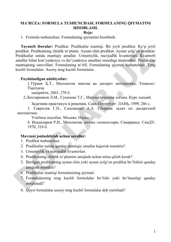 Formula tushunchasi va formulaning qiymatini hisoblash
