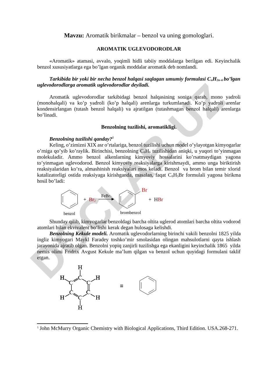 Aromatik birikmalar – benzol va uning gomologlari