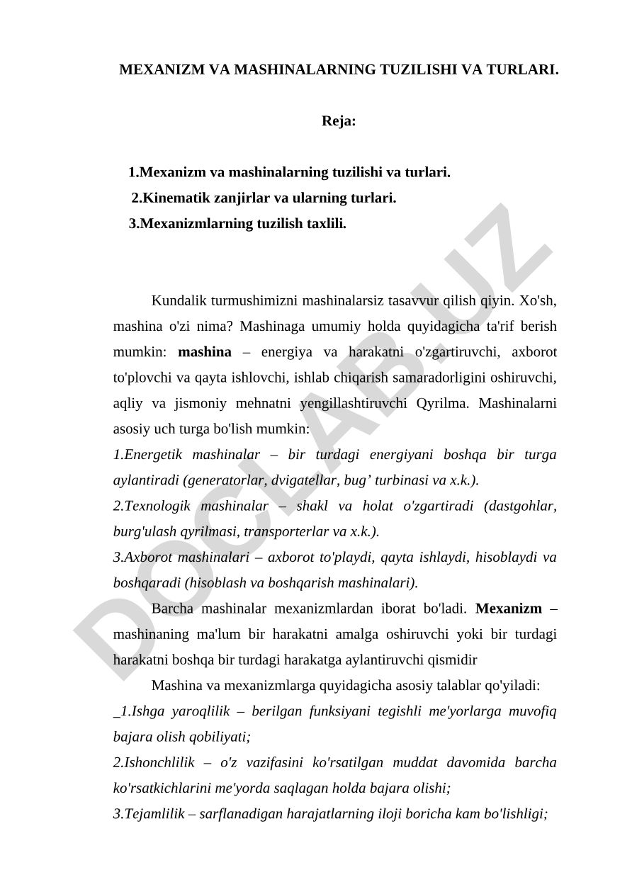 Mexanizm va mashinalarning tuzilishi va turlari