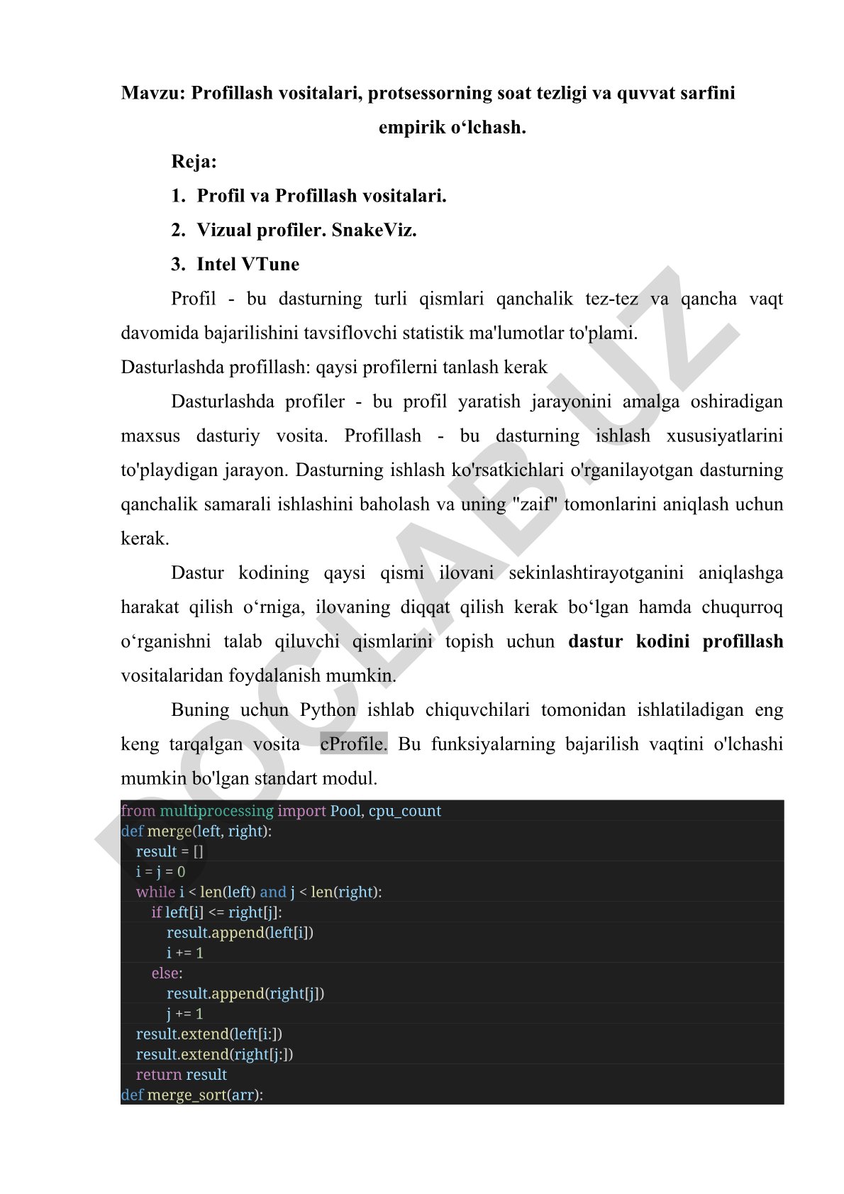 Profil va profillash vositalari, protsessor tezligi va quvvat sarfi o'lchash