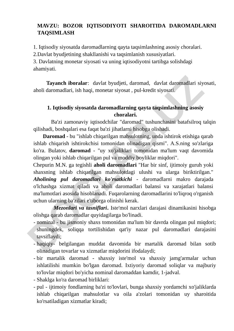BOZOR IQTISODIYOTI SHAROITIDA DAROMADLARNI TAQSIMLASH
