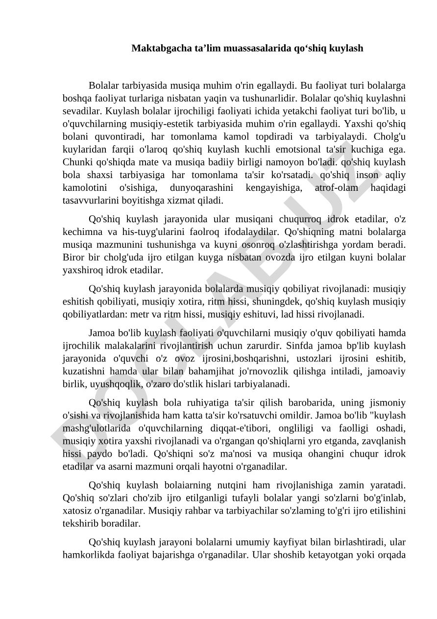 Maktabgacha ta'limda qo'shiq kuylashning bolalar tarbiyasidagi ahamiyati