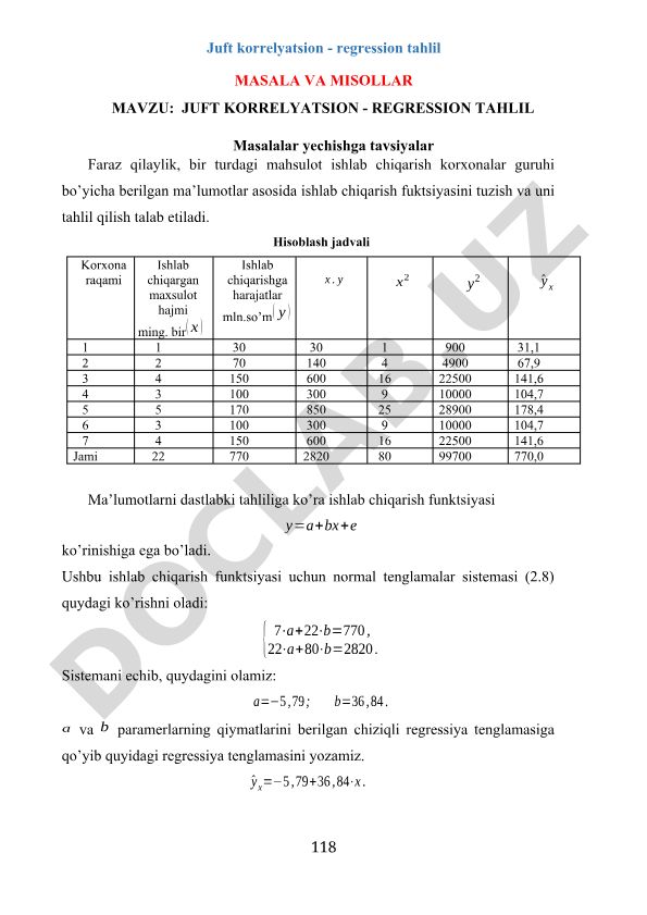 Juft korrelyatsion - regression tahlil masalalar va misollar
