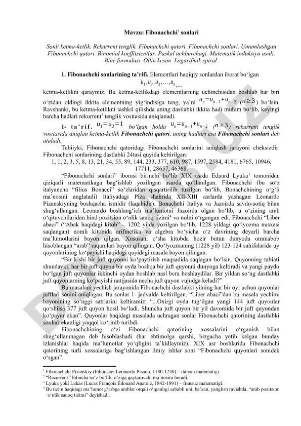 Fibonachchi sonlari va ularning matematik xususiyatlari