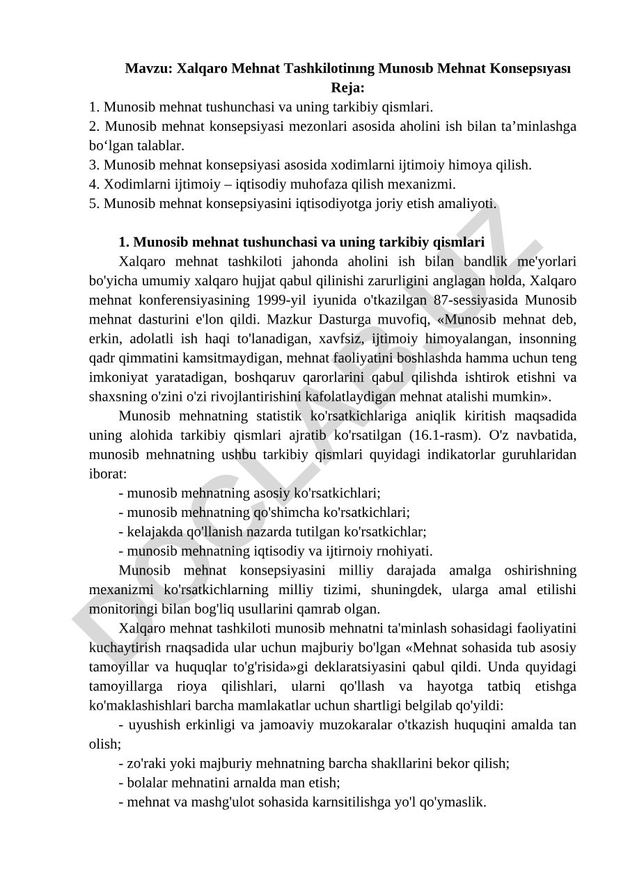 Xalqaro Mehnat Tashkilotinıng Munosıb Mehnat Konsepsıyası