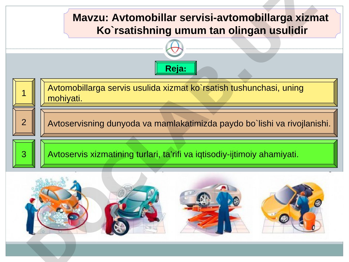 Avtomobillar servisi-avtomobillarga xizmat Ko`rsatishning umum tan olingan usulidir