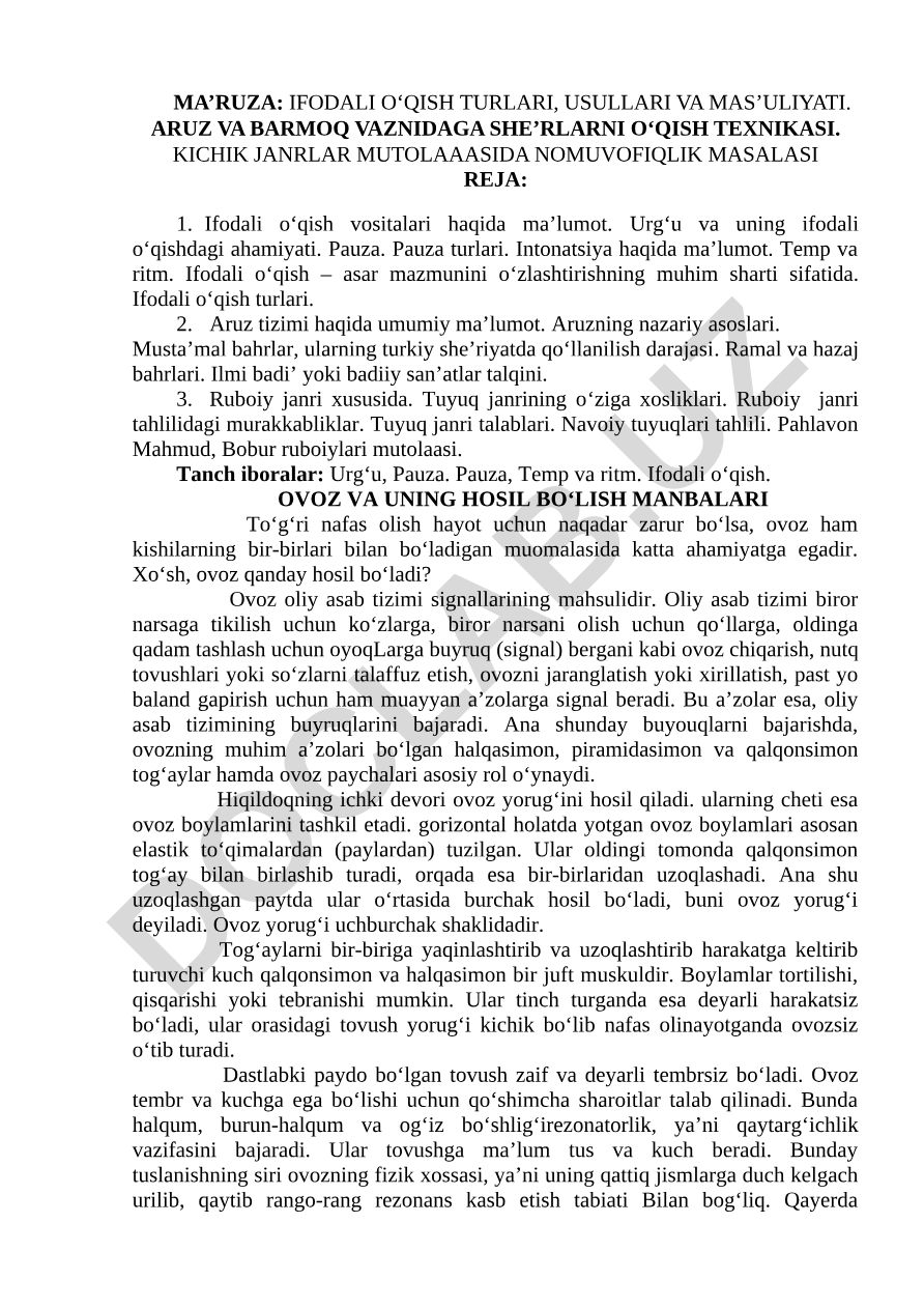 Ifodali o'qish turlari, usullari va aruz vaznidagi she'rlar o'qish texnikasi