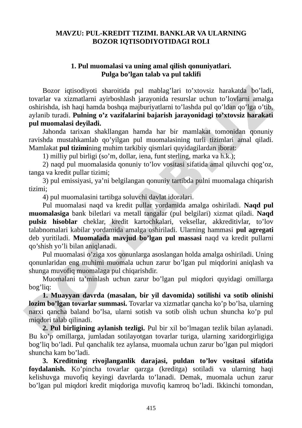 PUL-KREDIT TIZIMI. BANKLAR VA ULARNING BOZOR IQTISODIYOTIDAGI ROLI