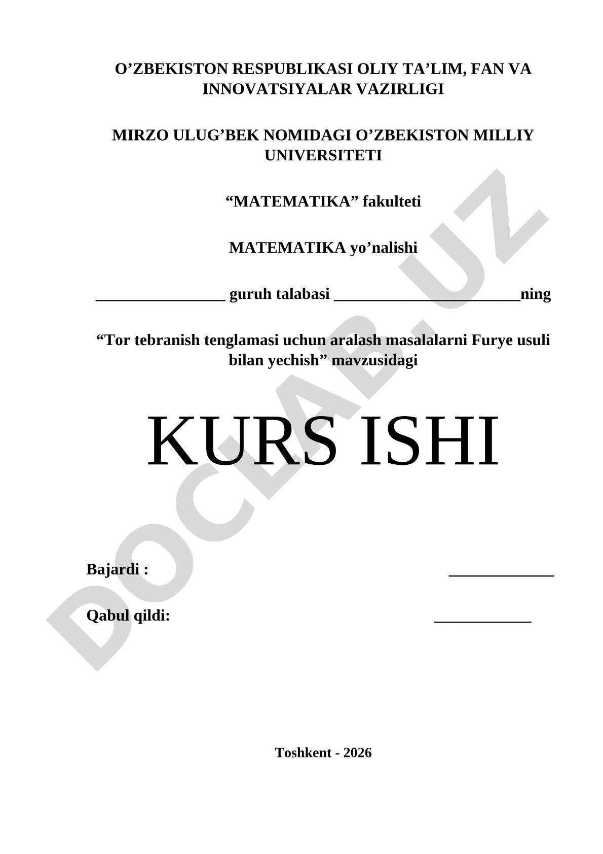 Tor tebranish tenglamasi uchun aralash masalalarni Furye usuli bilan yechish