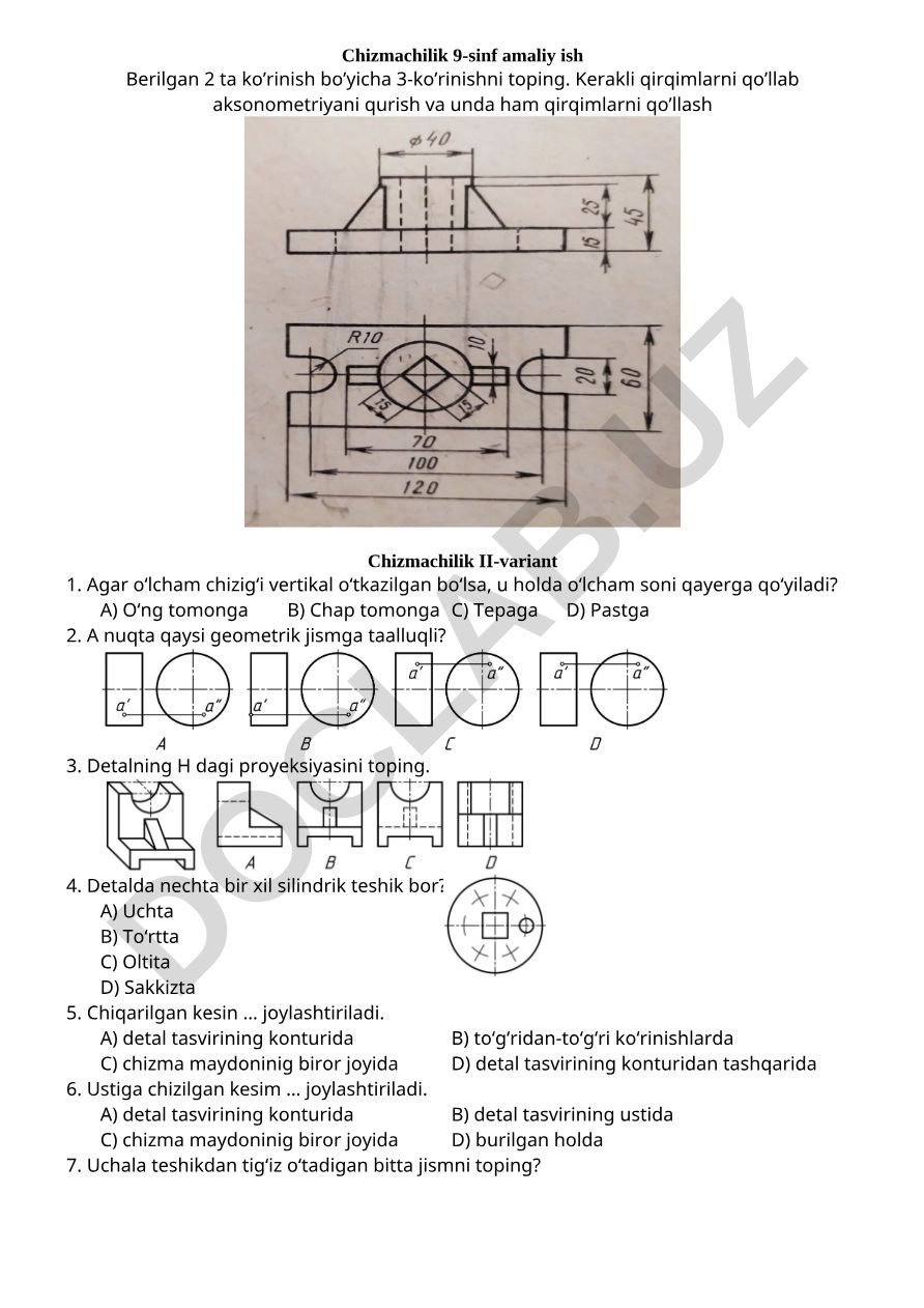 Chizmachilik 9-sinf amaliy ishi - geometrik jismlar va proyeksiyalar