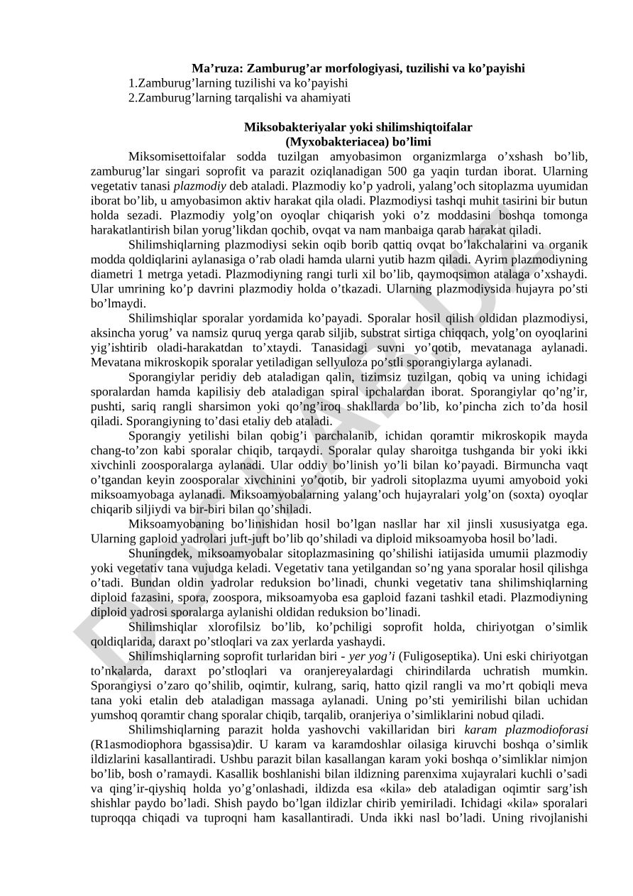 Zamburug’lar morfologiyasi, tuzilishi va ko’payishi