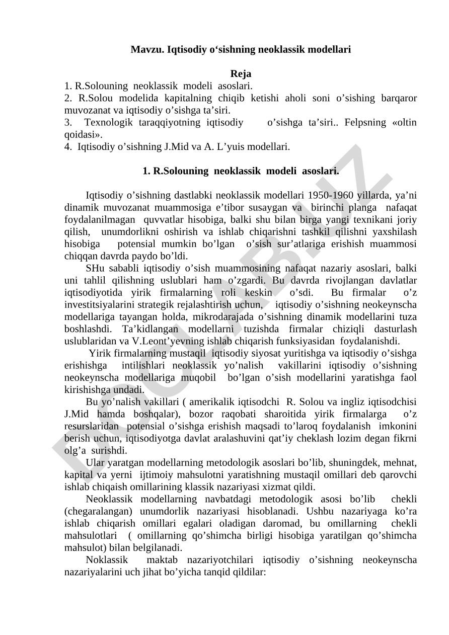 Iqtisodiy o‘sishning neoklassik modellari
