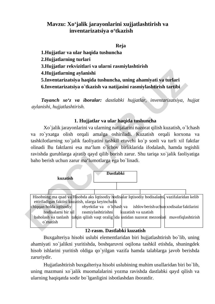 Xo‘jalik jarayonlarini xujjatlashtirish va inventarizatsiya o‘tkazish