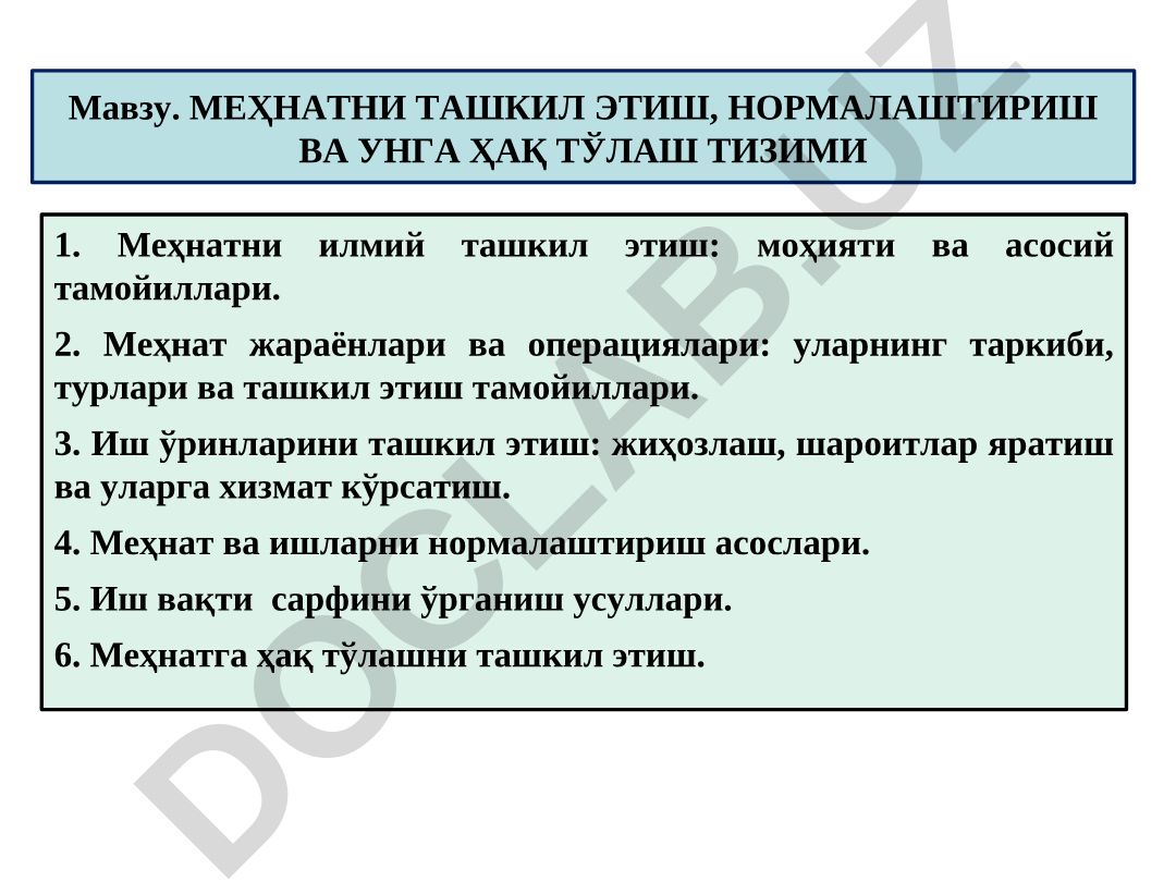 Меҳнатни ташкил этиш, нормалаштириш ва ҳақ тўлаш тизими