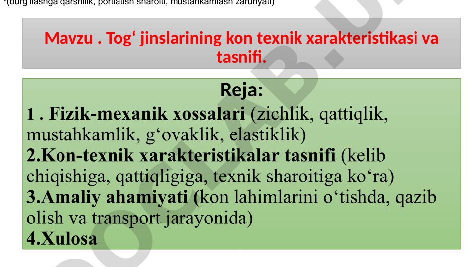 Tog‘ jinslarining kon texnik xarakteristikasi va tasnifi