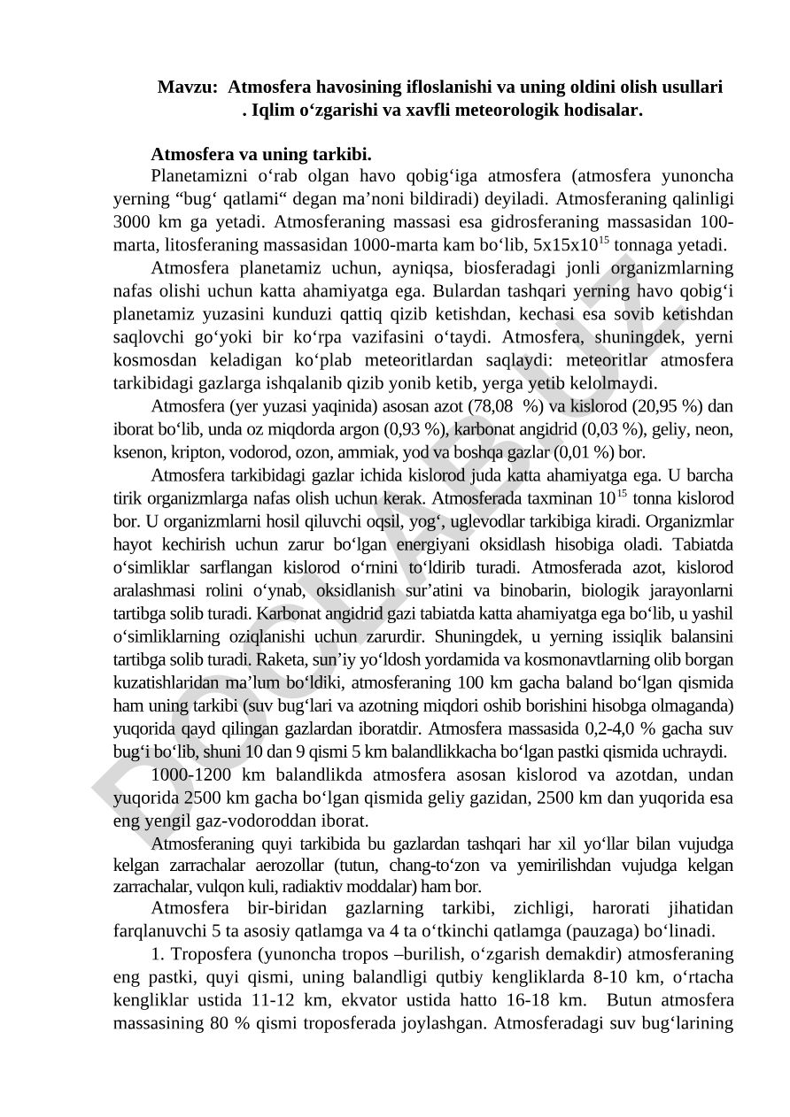 Atmosfera havosining ifloslanishi va uning oldini olish usullari