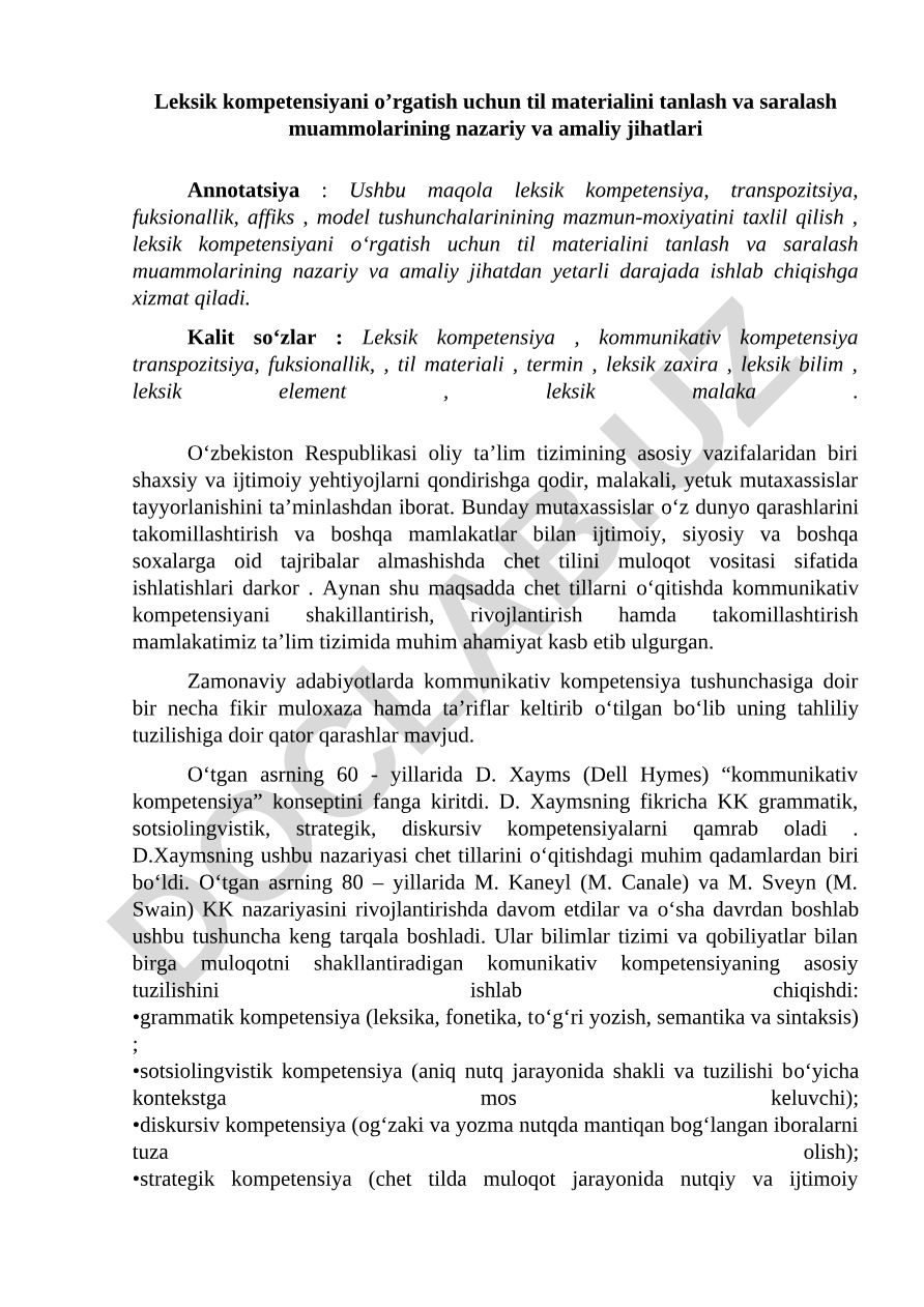 Leksik kompetensiyani o'rgatish uchun til materialini tanlash va saralash muammolari