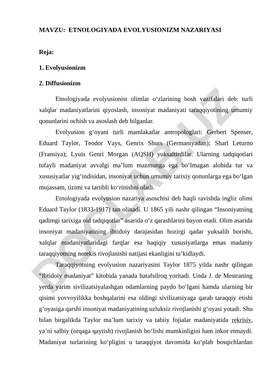 ETNOLOGIYADA EVOLYUSIONIZM NAZARIYASI