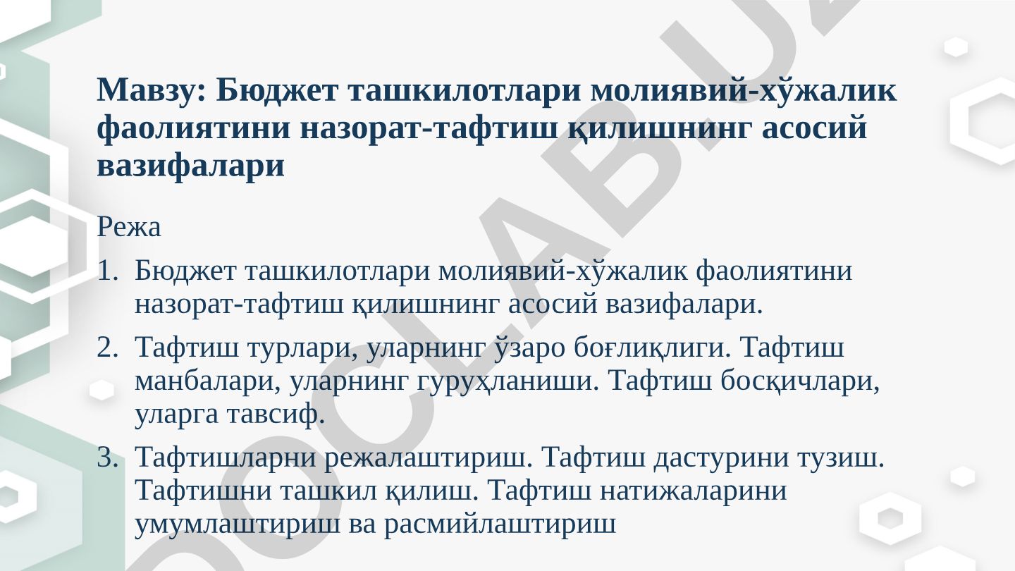 Бюджет ташкилотлари молиявий-хўжалик фаолиятини назорат-тафтиш қилишнинг асосий вазифалари