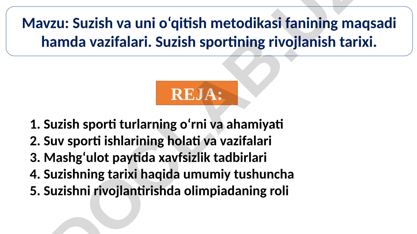 Suzish va uni o‘qitish metodikasi fanining maqsadi hamda vazifalari. Suzish sportining rivojlanish tarixi