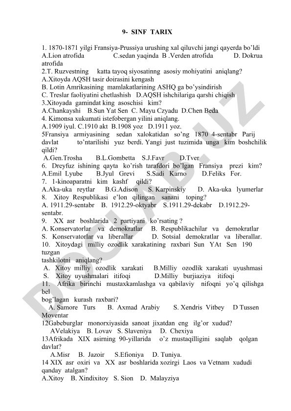 9-sinf tarix fanidan test savollari