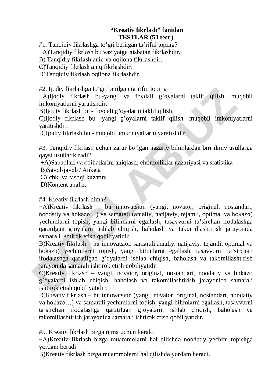 Tanqidiy va ijodiy fikrlash testlari