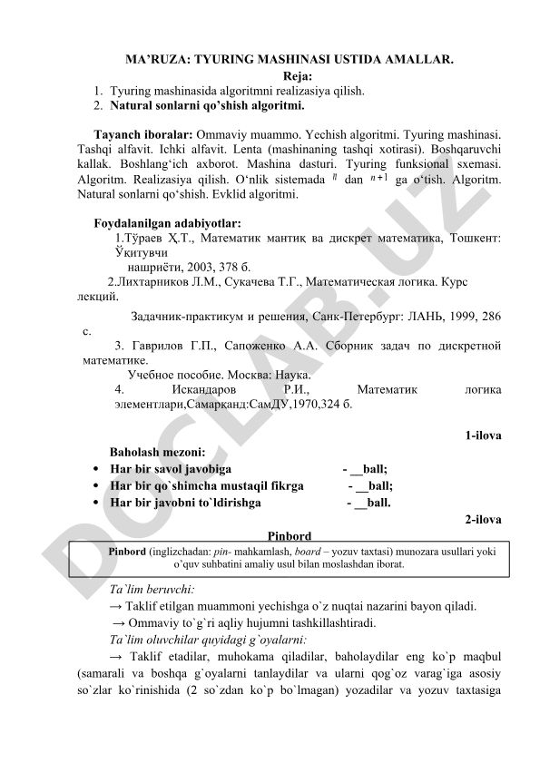 Tyuring mashinasida algoritmlarni realizasiya qilish va natural sonlarni qo'shish