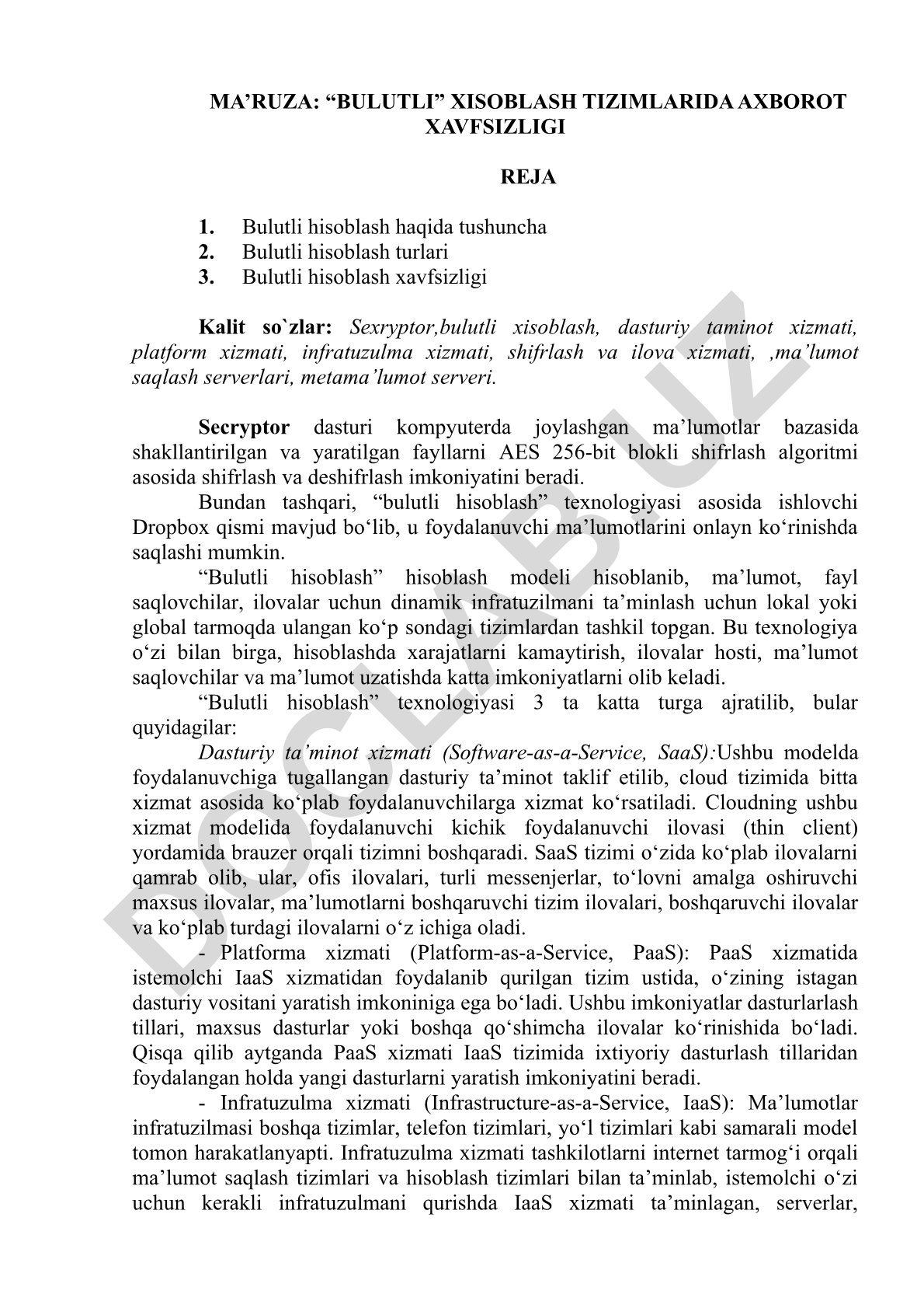Bulutli hisoblash tizimlarida axborot xavfsizligi