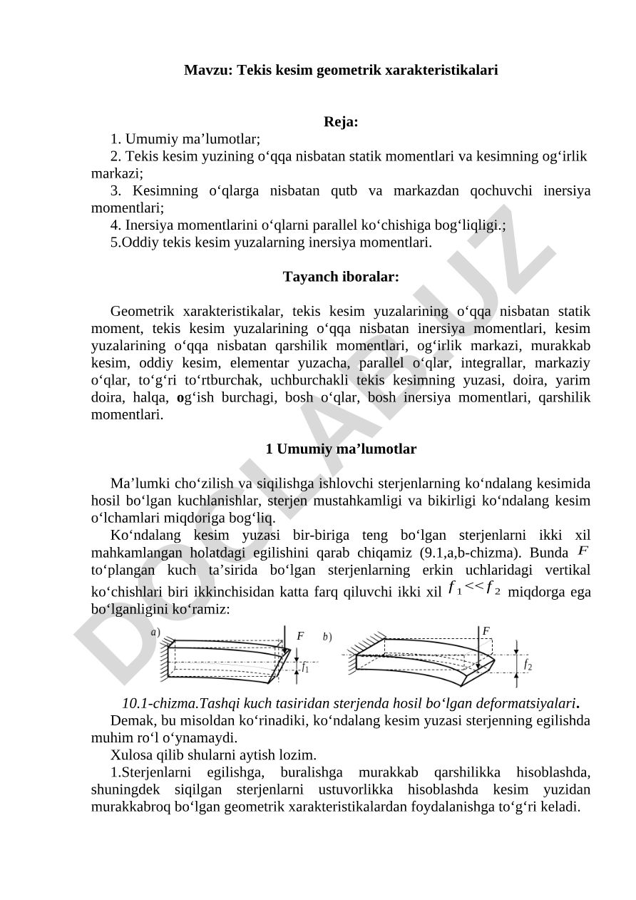 Tekis kesim geometrik xarakteristikalari