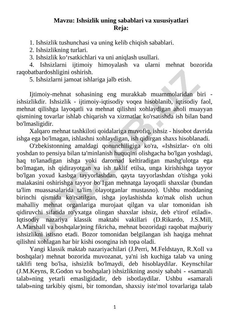 Ishsizlik uning sabablari va xususiyatlari