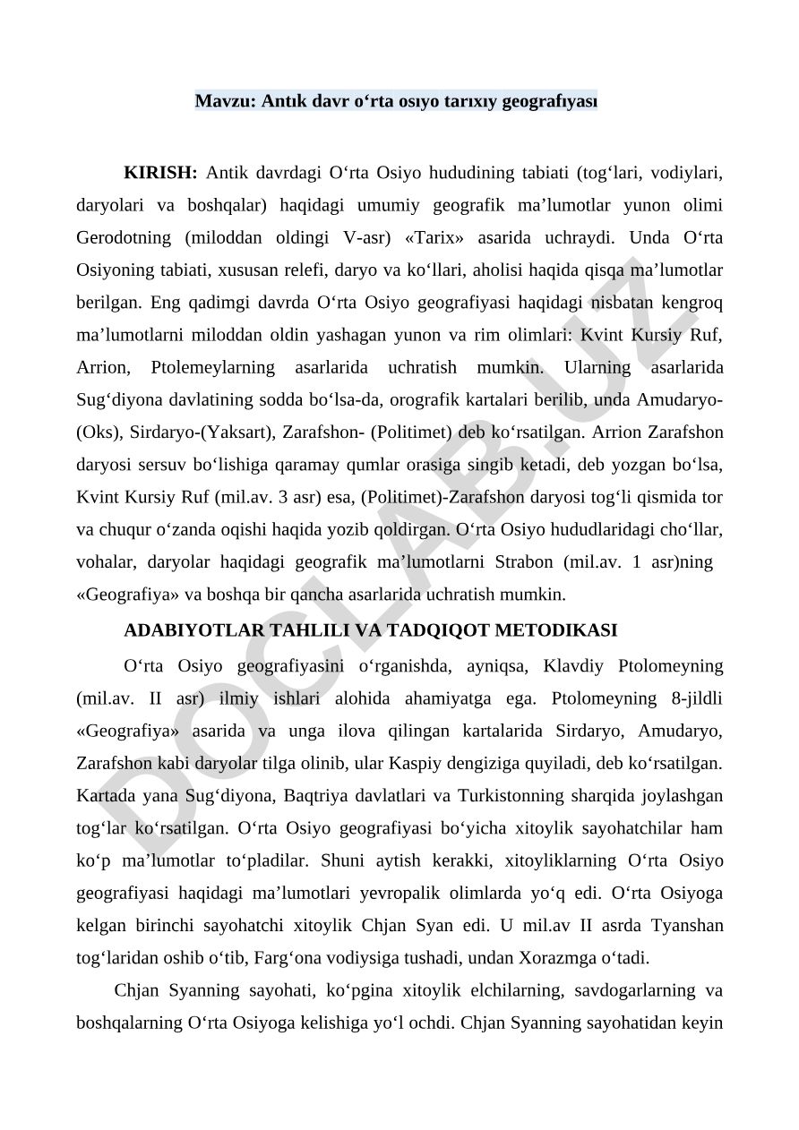 Antık davr o‘rta osıyo tarıxıy geografıyası