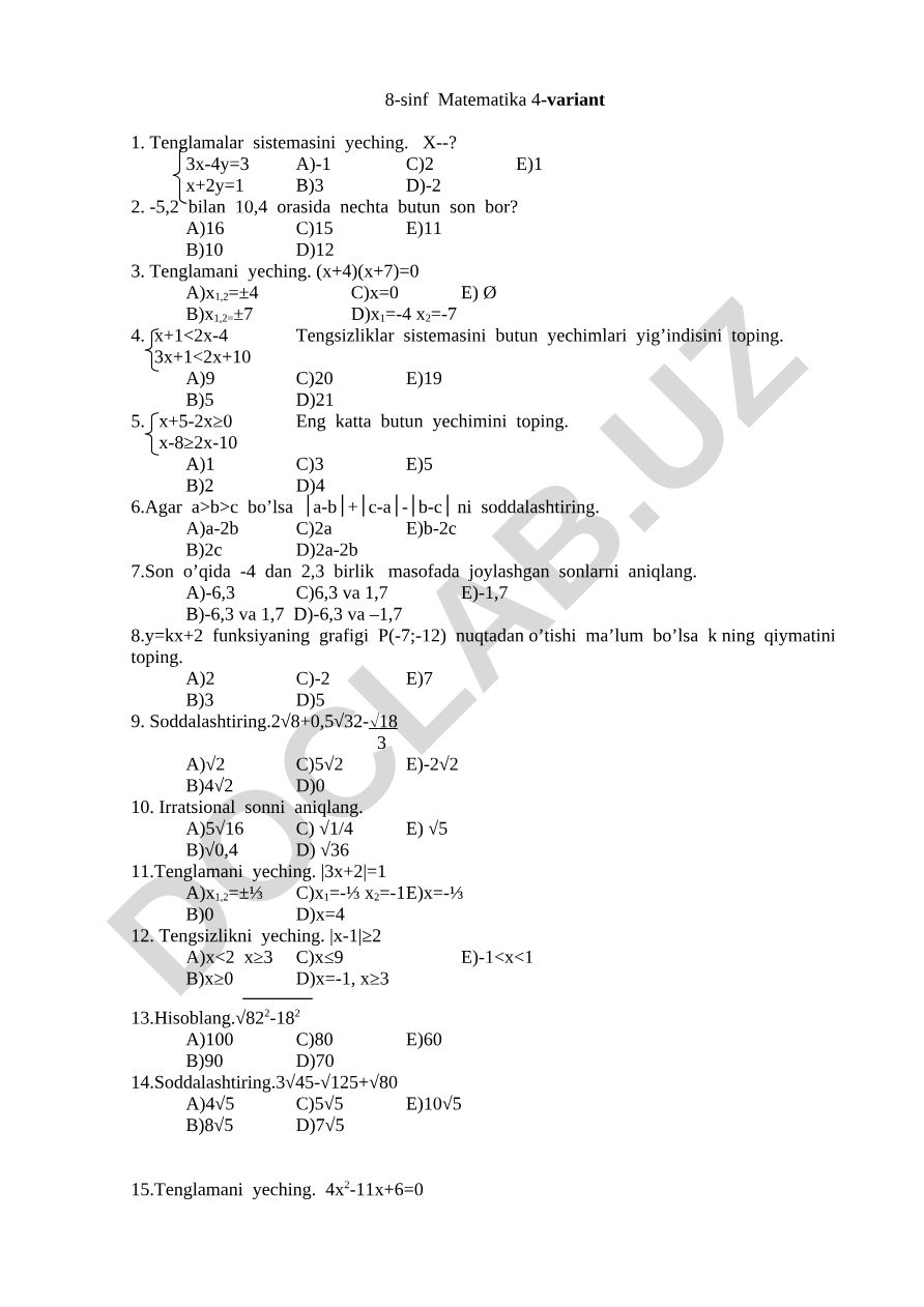 8-sinf Matematika test topshiriqlari 4-variant