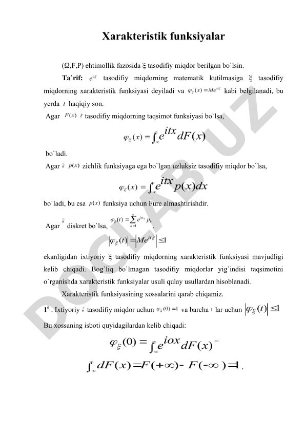 Tasodifiy miqdorlarning xarakteristik funksiyalari